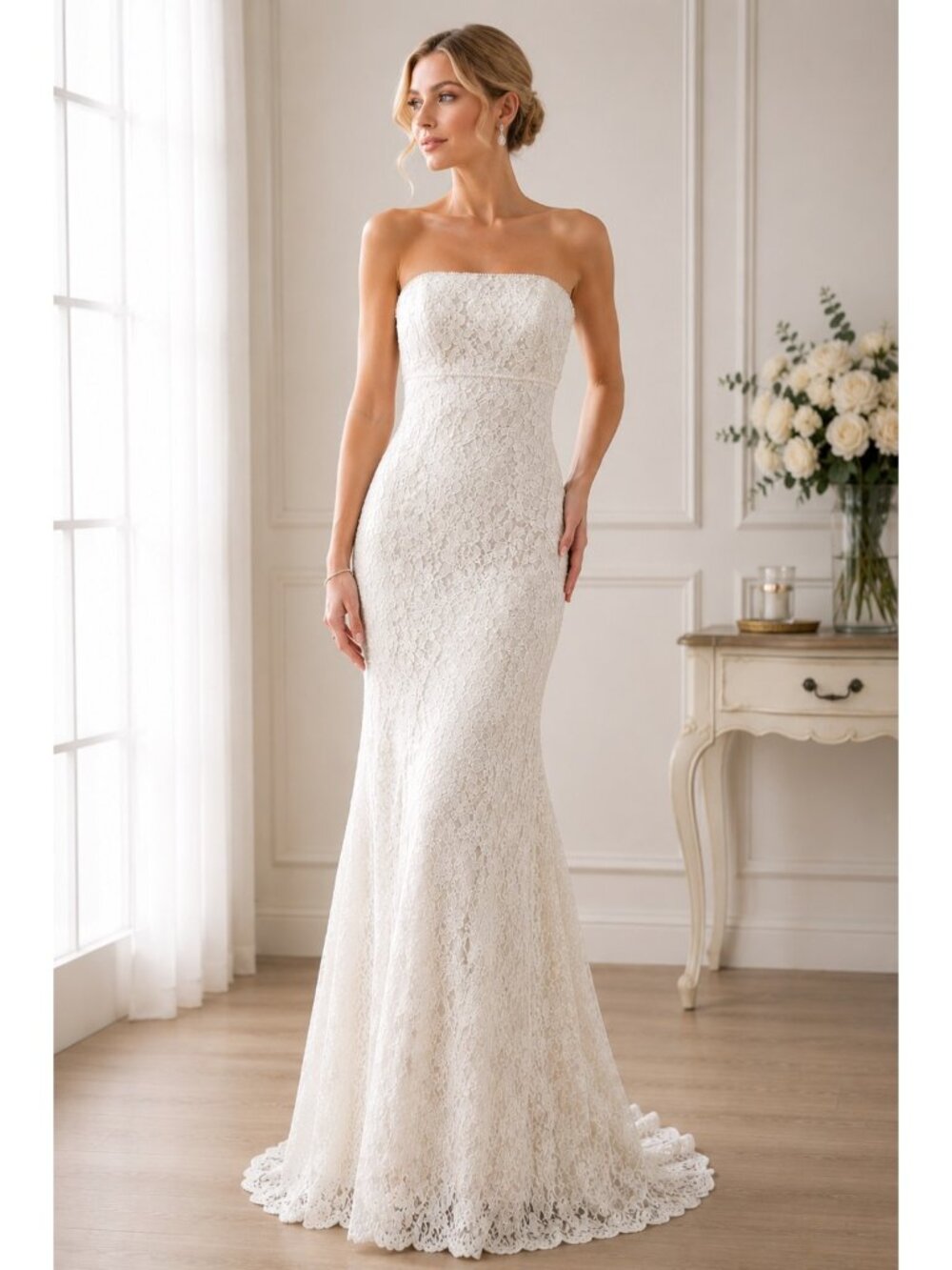 Galina David’s Bridal Ivory Lace Beaded Strapless Mermaid Wedding Gown Size 6